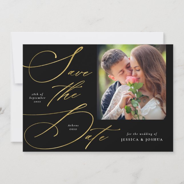 Invitación Elegante foto en negro y oro salva la fecha (Anverso)