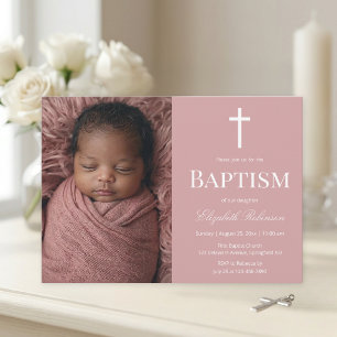 Invitación Elegante Foto en Rosa Polvorienta Bautizo para Niñ