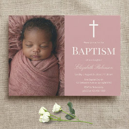 Invitación Elegante Foto en Rosa Polvorienta Bautizo para Niñ