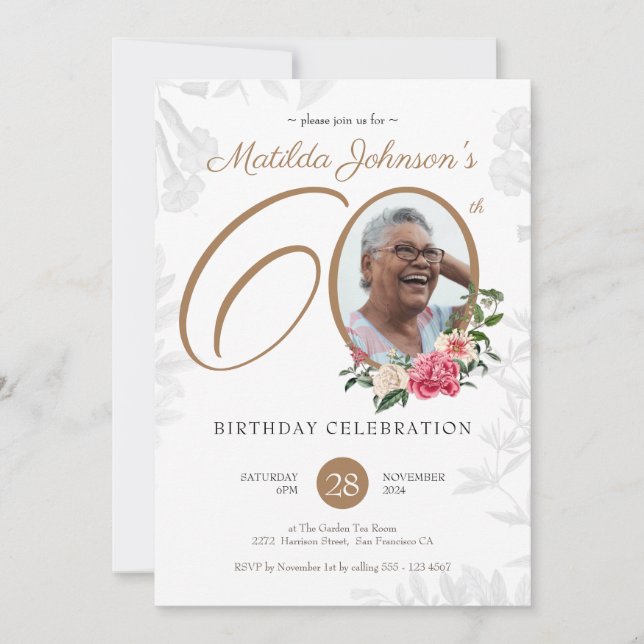 Invitación Elegante Foto Floral 60 cumpleaños (Anverso)