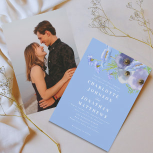 Invitación Elegante Foto Floral Azul Acuarela Boda
