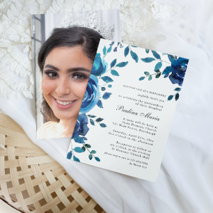 Invitación Elegante foto floral azul Quinceañera