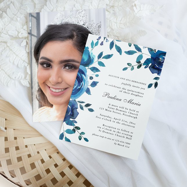 Invitación Elegante foto floral azul Quinceañera (Subido por el creador)