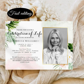 Invitación Elegante foto floral blanca celebración de la vida