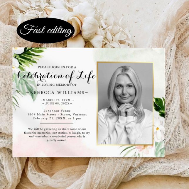 Invitación Elegante foto floral blanca celebración de la vida (Subido por el creador)