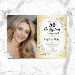 Invitación Elegante foto floral blanca dorada 50 cumpleaños<br><div class="desc">Elegante invitación de 50 años floral femenina con tu foto. Diseño de vidrio con oro falso. Cuenta con rosas blancas, fuente de guión y confeti. Perfecto para un elegante fiesta de celebración de cumpleaños. Personaliza con tus propios detalles. ¡Se puede personalizar para cualquier edad! Invitaciones Zazzle impresas o una plantilla...</div>