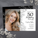 Invitación Elegante foto floral blanca negra 50 cumpleaños<br><div class="desc">Invitación a la fiesta de 50 años con flores blancas negras con tu foto en la parte delantera de la tarjeta. Diseño elegante y moderno con detalles botánicos de dibujos y tipografía. Sencilla carta de invitación a la moda, perfecta para una elegante celebración de cumpleaños femenina. Se puede personalizar a...</div>