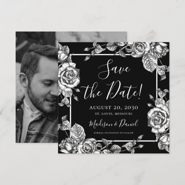 Invitación Elegante foto floral blanca negra salva la fecha (Anverso / Reverso)