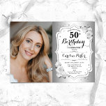 Invitación Elegante foto floral blanca plateada 50 cumpleaños<br><div class="desc">Elegante invitación de 50 años floral femenina con tu foto. Diseño de vidrio con plata falsa. Cuenta con rosas blancas, fuente de guión y confeti. Perfecto para un elegante fiesta de celebración de cumpleaños. Personaliza con tus propios detalles. ¡Se puede personalizar para cualquier edad! Invitaciones Zazzle impresas o una plantilla...</div>