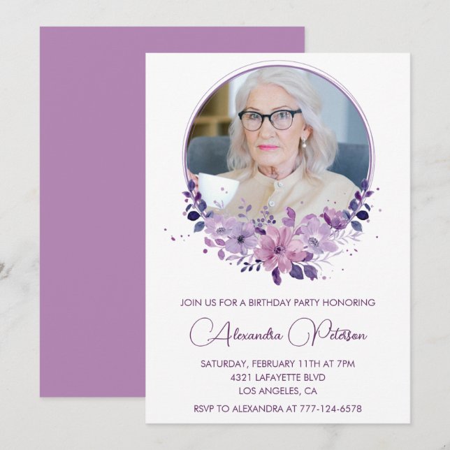 Invitación Elegante foto floral boho cumpleaños 92 (Anverso / Reverso)