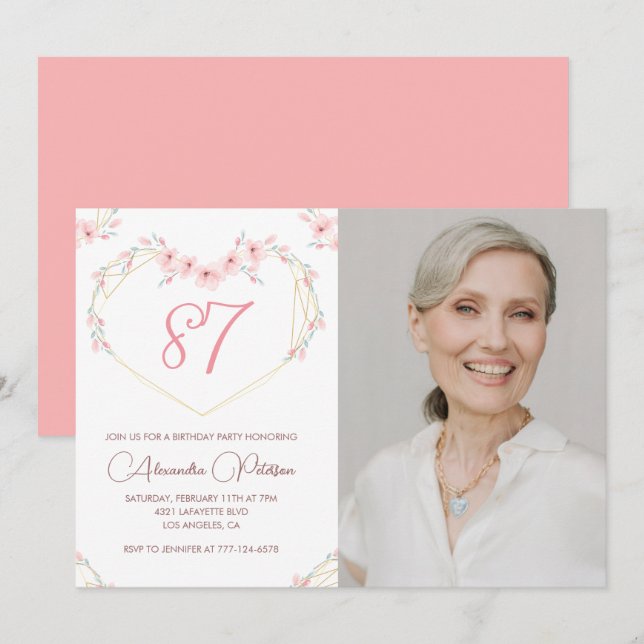Invitación Elegante foto floral boho moderna para 87 cumpleañ (Anverso / Reverso)