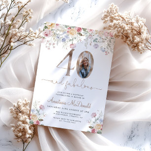 Invitación Elegante foto floral cumpleaños 40