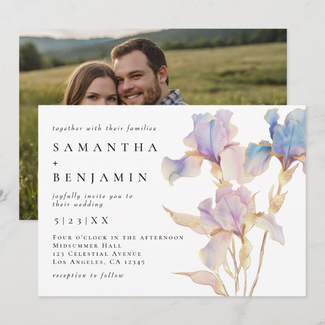 Invitación Elegante Foto Floral de Iris para Boda (Anverso / Reverso)