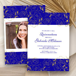 Invitación Elegante foto floral de oro azul de Quinceanera