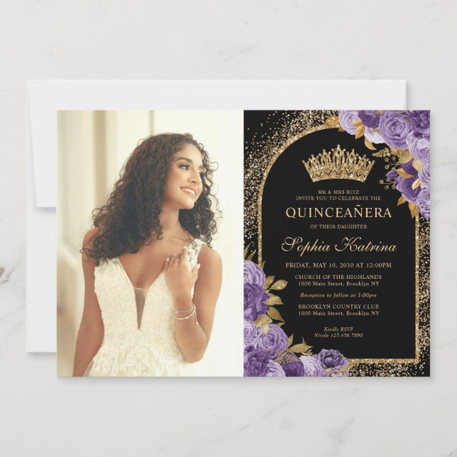 Invitación Elegante foto floral de oro morado negro Quinceane (Anverso)