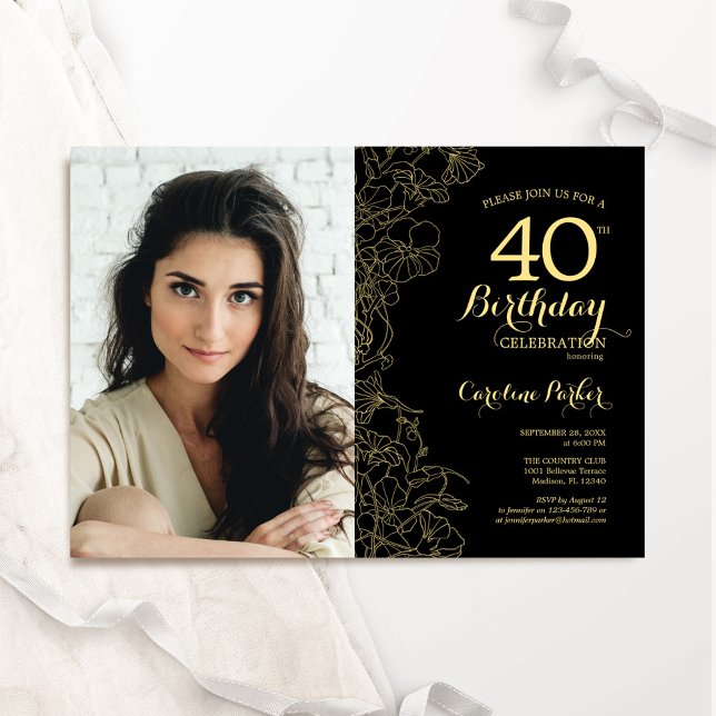 Invitación Elegante foto floral de oro negro 40 cumpleaños (Subido por el creador)