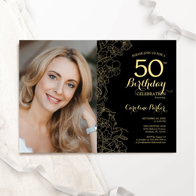 Invitación Elegante foto floral de oro negro 50 cumpleaños (Subido por el creador)