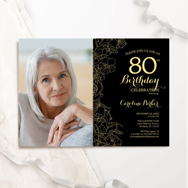 Invitación Elegante foto floral de oro negro 80 cumpleaños (Subido por el creador)