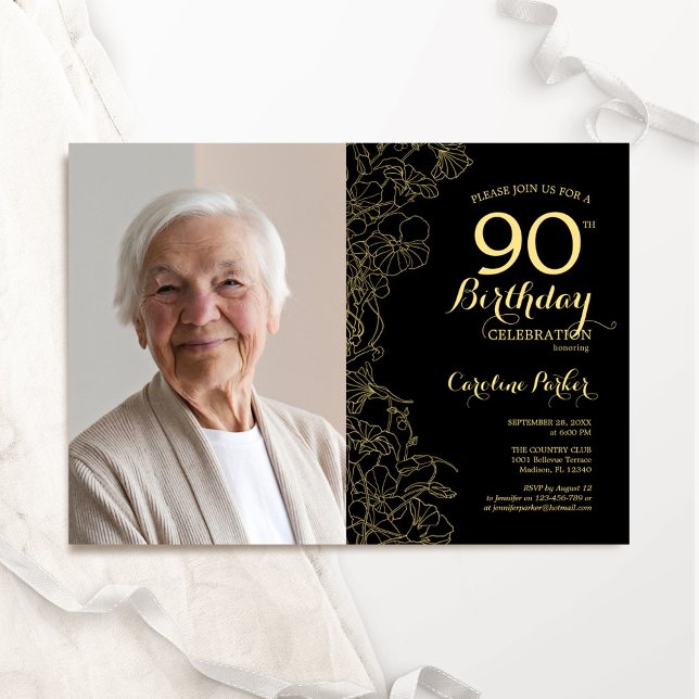 Invitación Elegante foto floral de oro negro 90 cumpleaños (Subido por el creador)