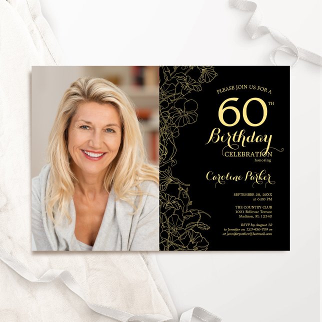 Invitación Elegante foto floral de oro negro en 60 años (Subido por el creador)