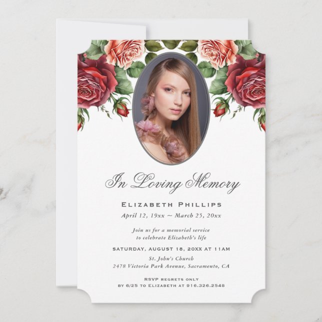 Invitación Elegante Foto Floral De Rosa Roja En Memoria Amabl (Anverso)