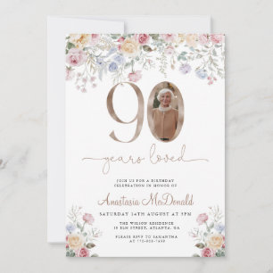 Invitación Elegante foto floral pastel para 90 cumpleaños