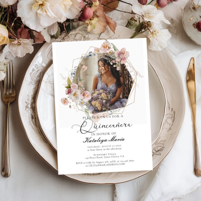 Invitación Elegante foto floral Quinceanera (Subido por el creador)