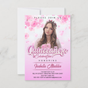 Invitación Elegante Foto Floral Rosa de Princesa Quinceañera