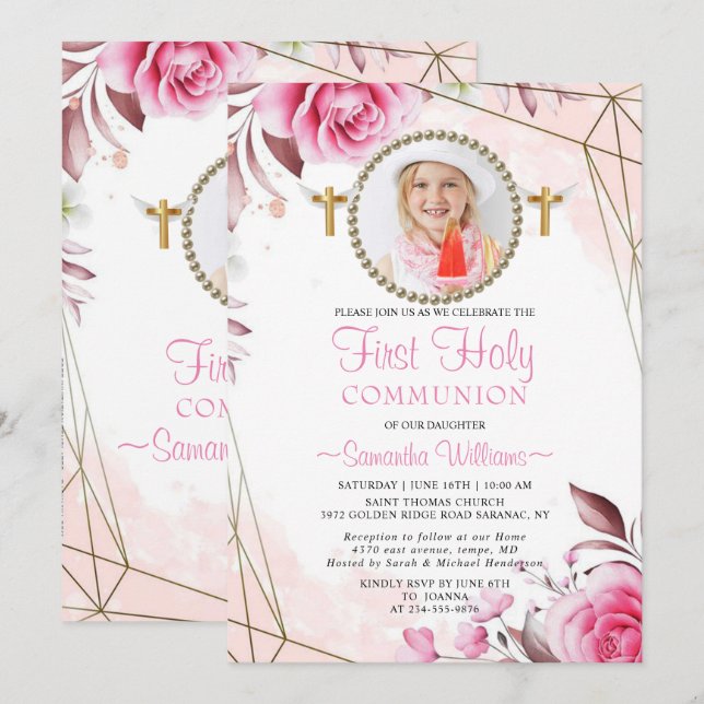 Invitación Elegante foto floral rosa de Rubor Primera Comunió (Anverso / Reverso)