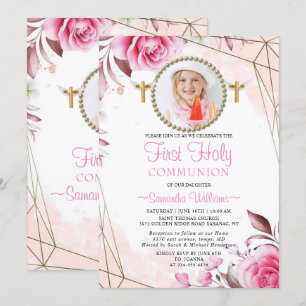 Invitación Elegante foto floral rosa de Rubor Primera Comunió