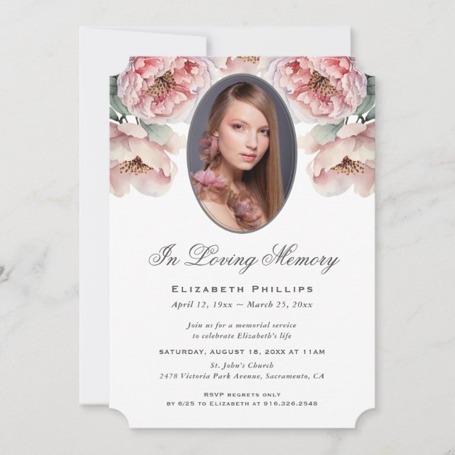 Invitación Elegante Foto Floral Rosa En Memoria Amada (Anverso)