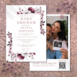 Invitación Elegante Foto Floral Rosa QR Código Baby Shower