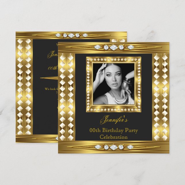 Invitación Elegante foto Glam Gold Diamond Black Birday (Anverso / Reverso)