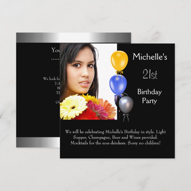 Invitación Elegante foto Globos Cumpleaños 21 (Anverso / Reverso)