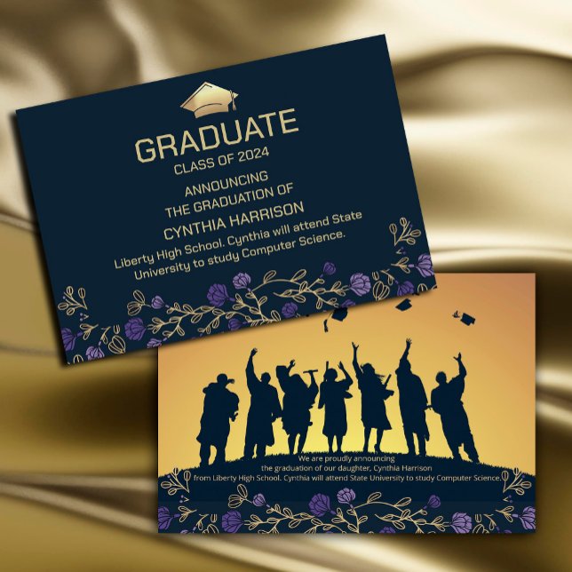 Invitación Elegante foto marina azul y oro ("A touch of elegance for your gratitude! 🌷🎓 #PartyPrep #FloralAccents #NavyAndGoldPalette #purple)
