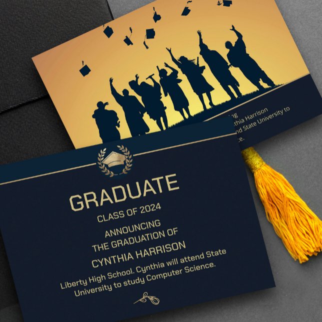 Invitación Elegante foto marina azul y oro (Elegant Photo Navy Blue and Gold Invitation,  #graduationparty #vavyblueandgold #blueandgoldfoil)