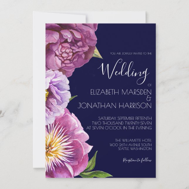Invitación Elegante foto Marina Morada Floral Azul Floral Osc (Anverso)