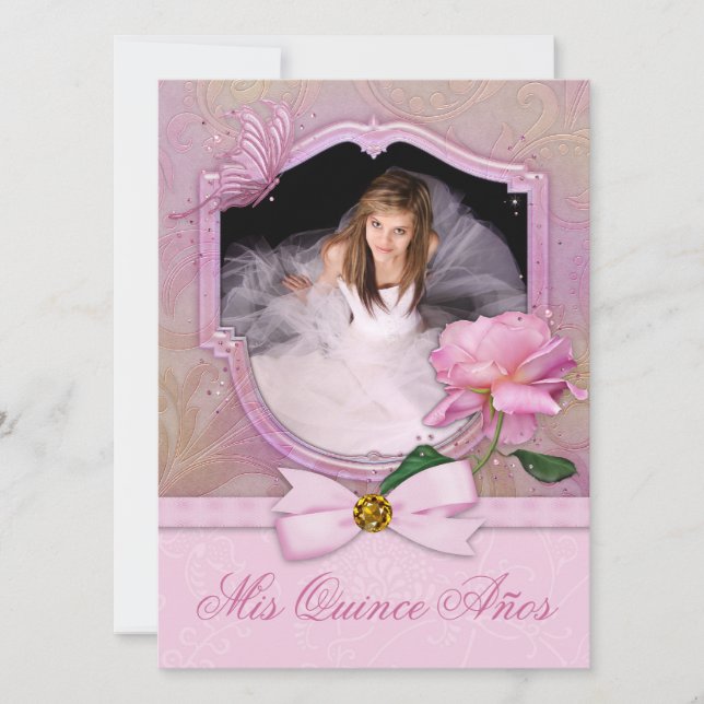 Invitación Elegante Foto Mariposa Rosa Quinceañera (Anverso)