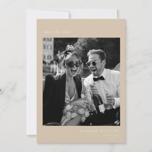 Invitación Elegante foto Minimalista beige Guardar fecha (Anverso)