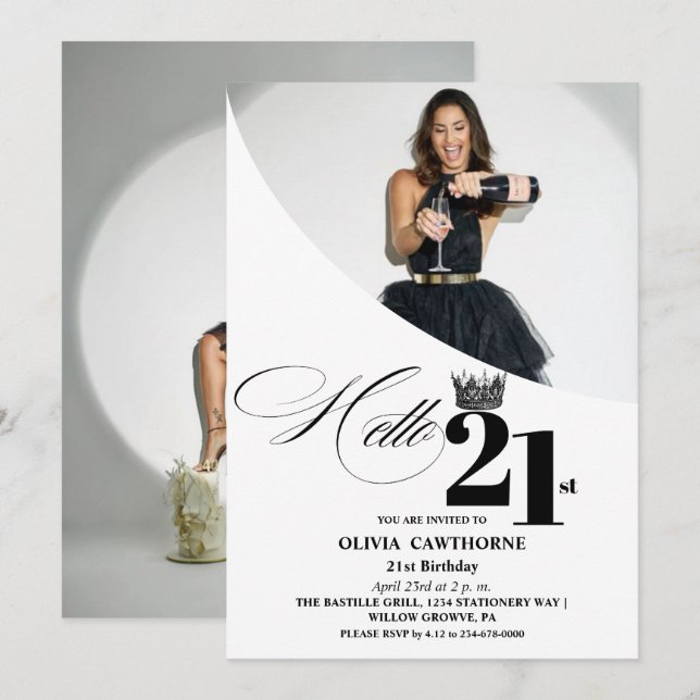 Invitación Elegante foto moderna 21 cumpleaños negro blanco (Anverso / Reverso)