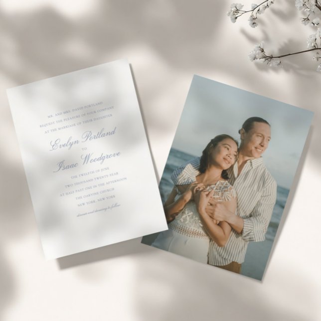 Invitación Elegante foto moderna Boda azul turbio (Subido por el creador)