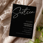 Invitación Elegante foto moderna en blanco y negro Sweet 16<br><div class="desc">Elegante blanco simple y moderno sobre foto negra Sweet 16</div>