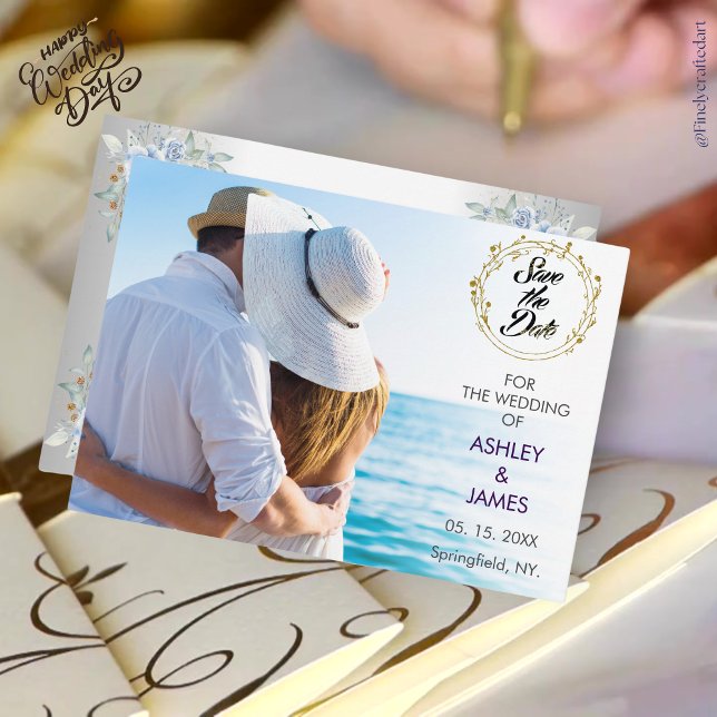 Invitación Elegante foto moderna salve la floral de oro de la (Subido por el creador)
