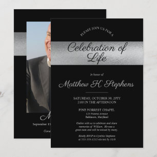 Invitación Elegante foto negra   Celebración de la vida con p