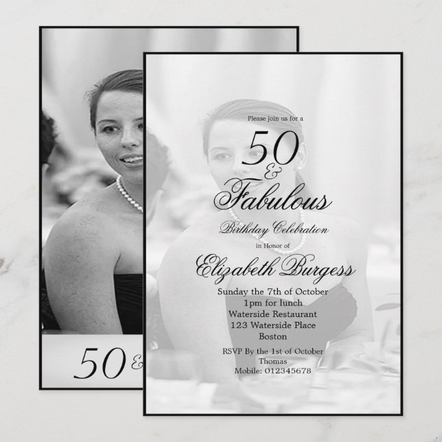 Invitación Elegante foto negro y blanco 50 y fabuloso (Anverso / Reverso)