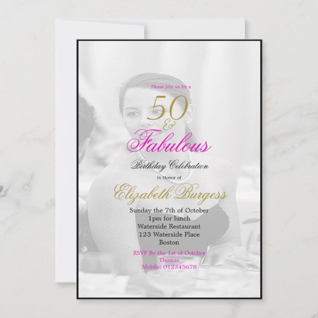 Invitación Elegante foto negro y blanco 50 y fabuloso (Anverso)