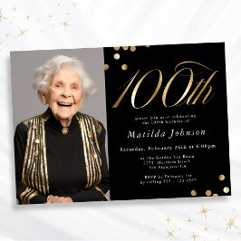 Invitación Elegante foto negro y oro 100 cumpleaños