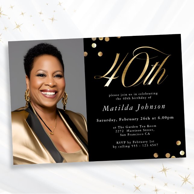Invitación Elegante foto negro y oro 40 cumpleaños (Mockup View)