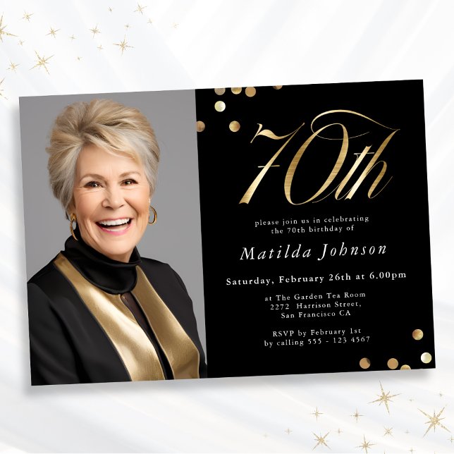 Invitación Elegante foto negro y oro 70 cumpleaños (Mockup View)