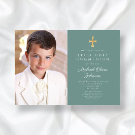 Invitación Elegante foto niño verde primera comunión